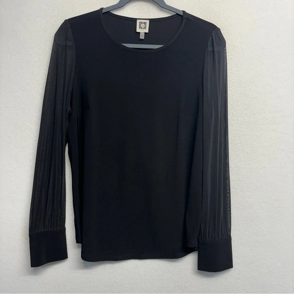 Anne Klein Blouse M Black Long Sheer Sleeves Gold Button Cuff - Picture 1 of 9